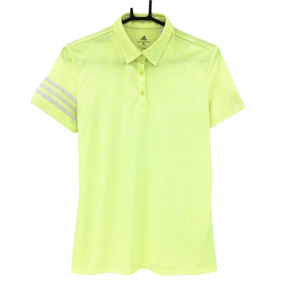 アディダス 半袖ポロシャツ　蛍光イエロー 総柄地模様 袖3ライン レディース OT(XL) ゴルフウェア adidas
