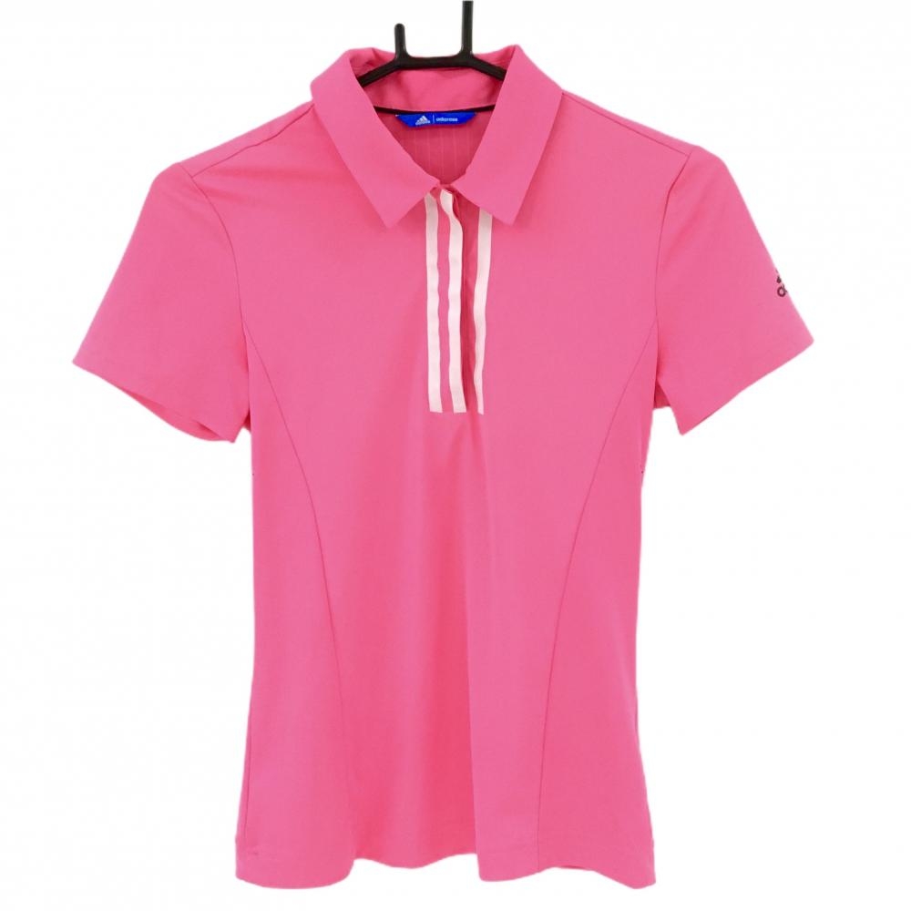 アディダス 半袖ポロシャツ ネオンピンク×白 胸元3ライン サイドパンチング 襟・ネック汚れ レディース XS ゴルフウェア adidas