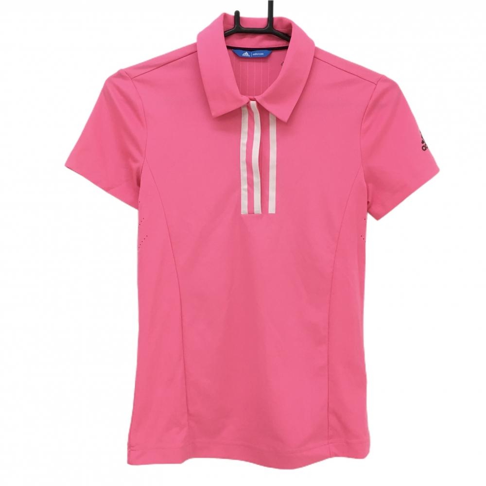 【超美品】アディダス 半袖ポロシャツ ピンク×白 フロント3ライン サイドパンチング 袖ロゴ レディース XS ゴルフウェア adidas