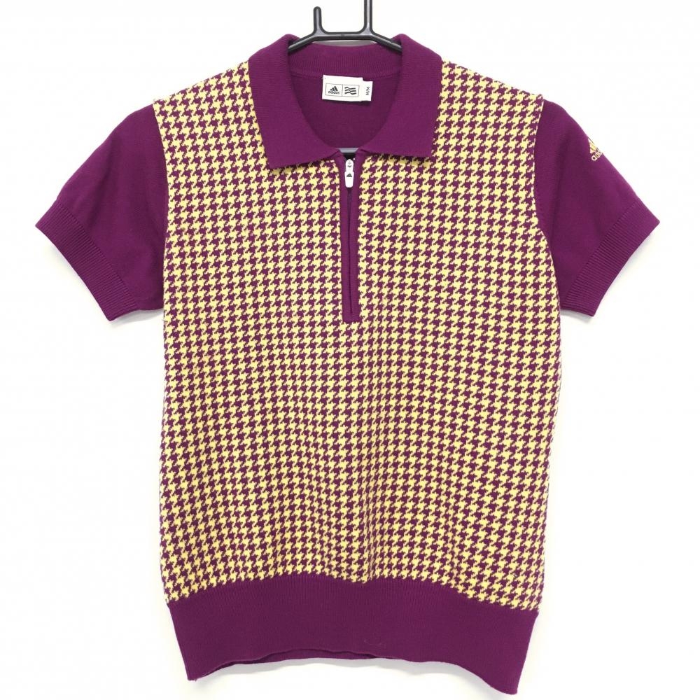 【美品】アディダス 半袖ニットポロシャツ パープル×イエロー 千鳥格子 袖ロゴ ハーフジップ レディース M ゴルフウェア adidas