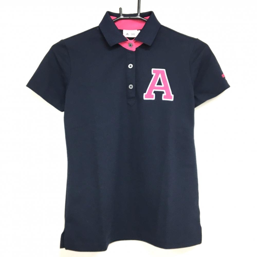 【超美品】アディダス 半袖ポロシャツ ネイビー×ピンク 襟裏ロゴ  レディース S/P ゴルフウェア adidas