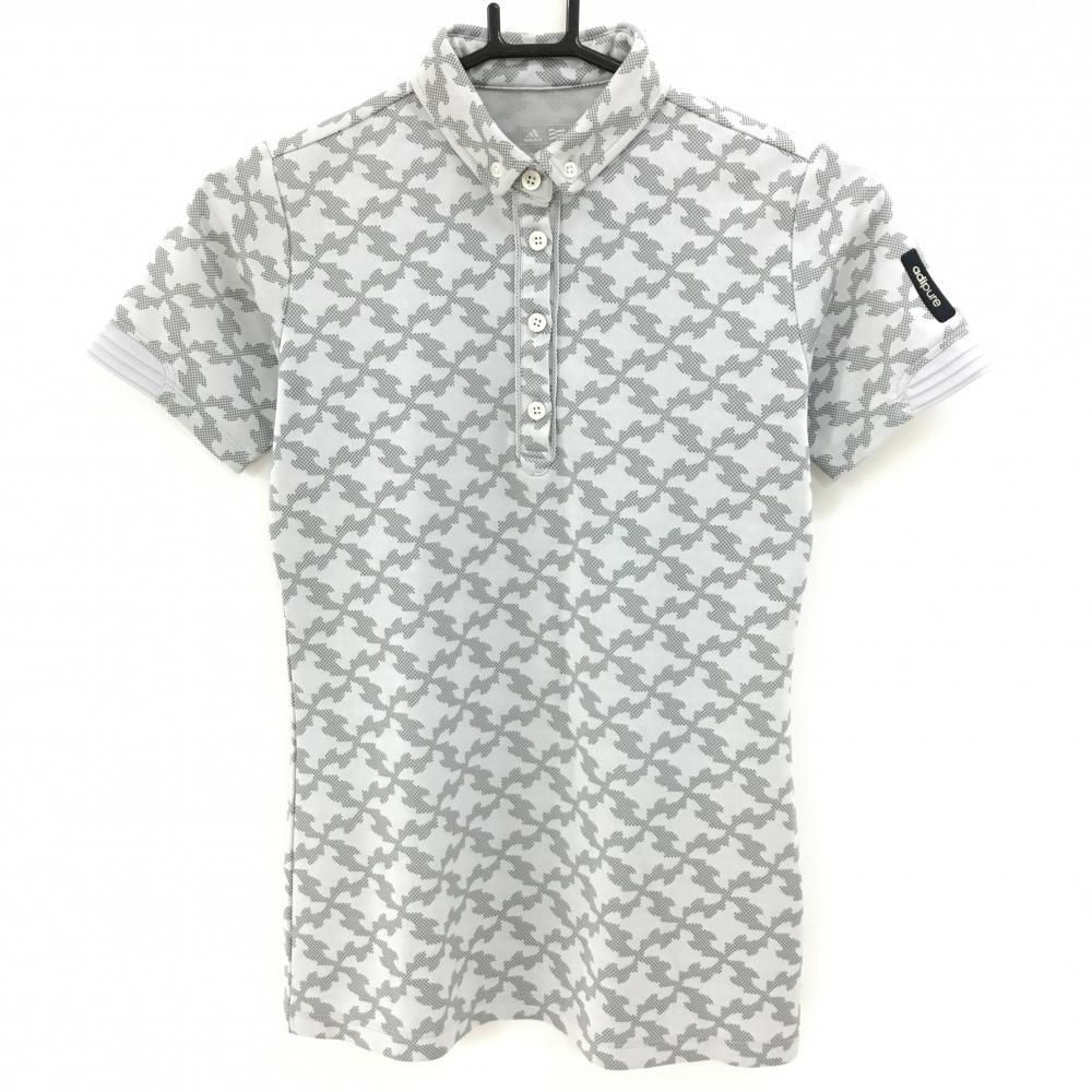 【美品】アディダス 半袖ポロシャツ ライトグレー×グレー 総柄 ボタンダウン レディース S/P ゴルフウェア adidas