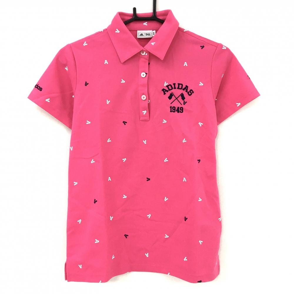【美品】アディダス 半袖ポロシャツ ピンク×白 英字総柄 ロゴ刺しゅう  レディース M/M ゴルフウェア adidas