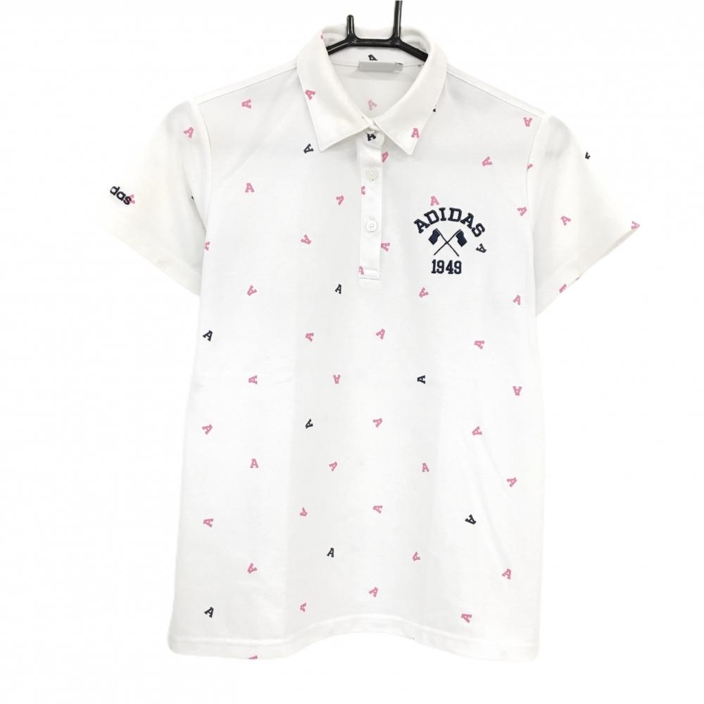 アディダス 半袖ポロシャツ 白×ピンク 英字総柄  レディース L/G ゴルフウェア adidas