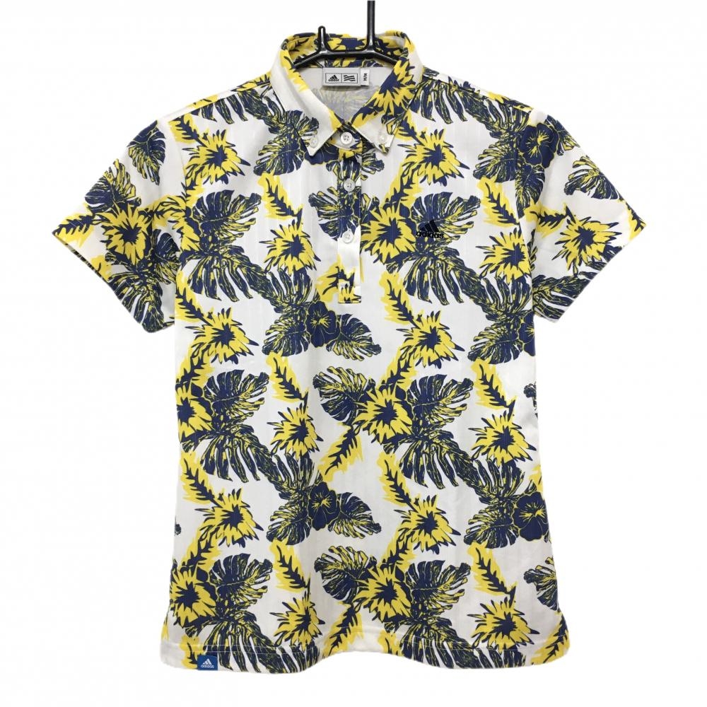 【超美品】アディダス 半袖ポロシャツ 白×イエロー×ネイビー 花柄 ボタンダウン  レディース M/M ゴルフウェア adidas