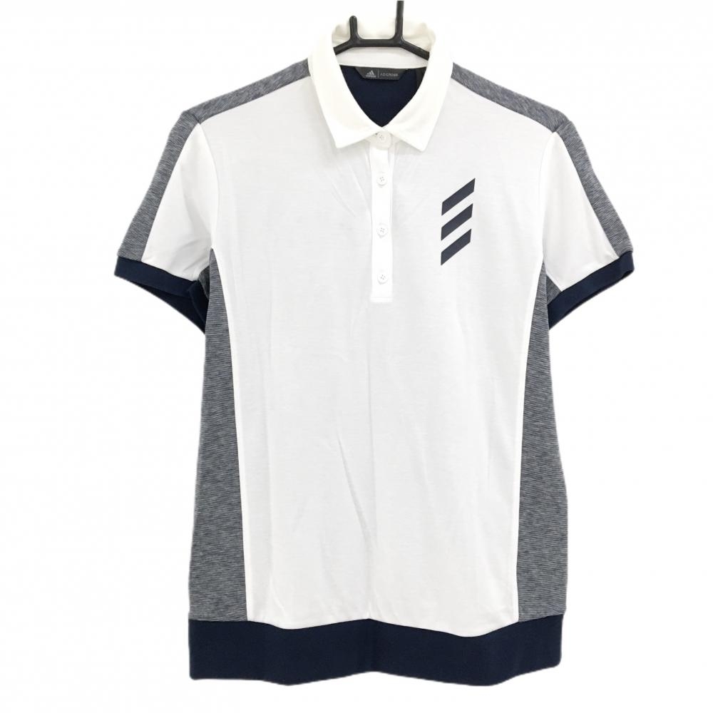アディダス 半袖ポロシャツ 白×杢ネイビー 胸元3ライン レディース OT(XL) ゴルフウェア adidas