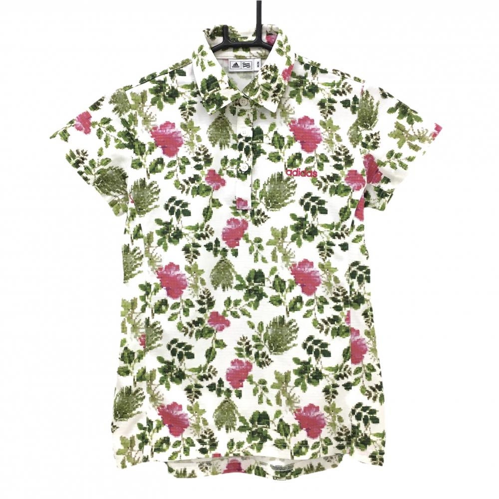 【超美品】アディダス 半袖ポロシャツ 白×グリーン 花柄 ボーダー地模様 レディース M/M ゴルフウェア adidas