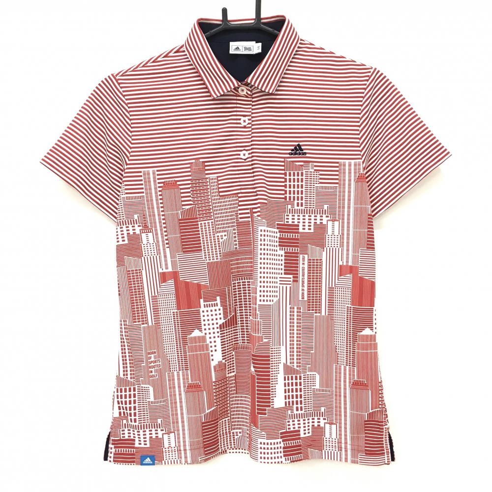 【美品】アディダス 半袖ポロシャツ レッド×白 上部ボーダー ビル  レディース L/G ゴルフウェア adidas