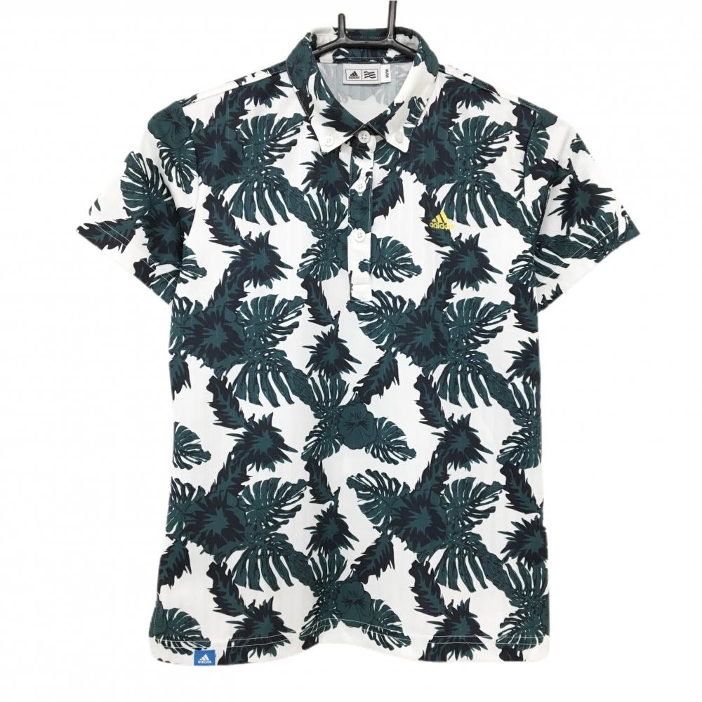【超美品】アディダス 半袖ポロシャツ 白×グリーン リーフ柄 ロゴ刺しゅう ボタンダウン レディース M/M ゴルフウェア adidas