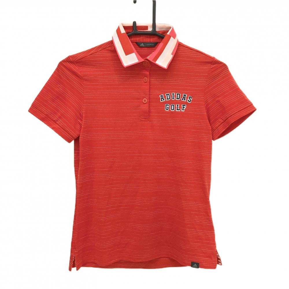 【超美品】アディダス 半袖ポロシャツ レッド×白 ドットボーダー 胸元ロゴ レディース M ゴルフウェア adidas