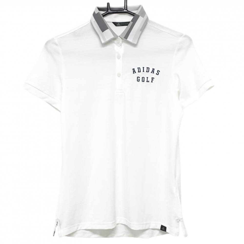 【美品】アディダス 半袖ポロシャツ 白×グレー ボーダー地模様 ロゴ刺しゅう 襟総柄  レディース L ゴルフウェア adidas