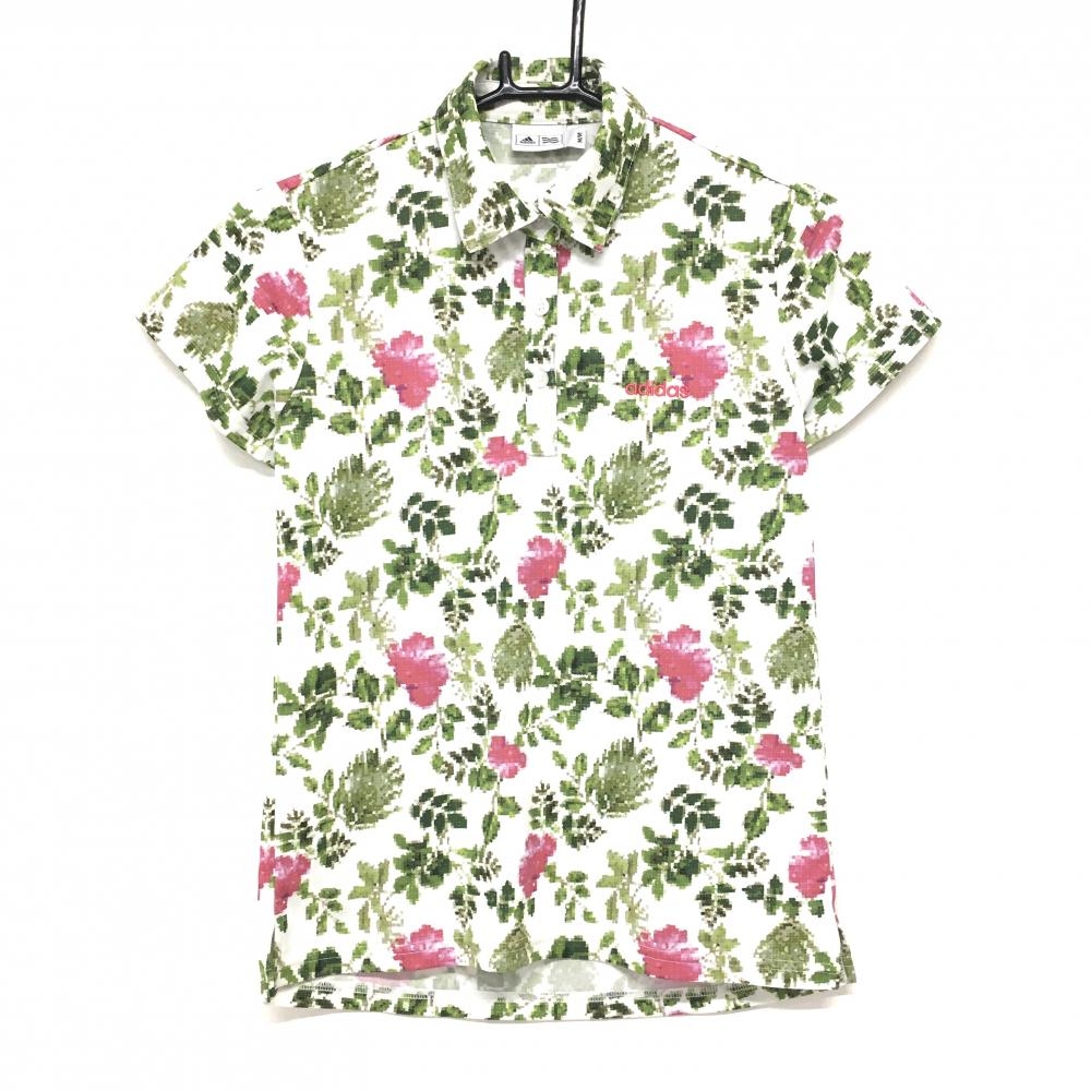 【超美品】アディダス 半袖ポロシャツ 白×グリーン リーフ柄 花 ロゴ刺しゅう  レディース M/M ゴルフウェア adidas
