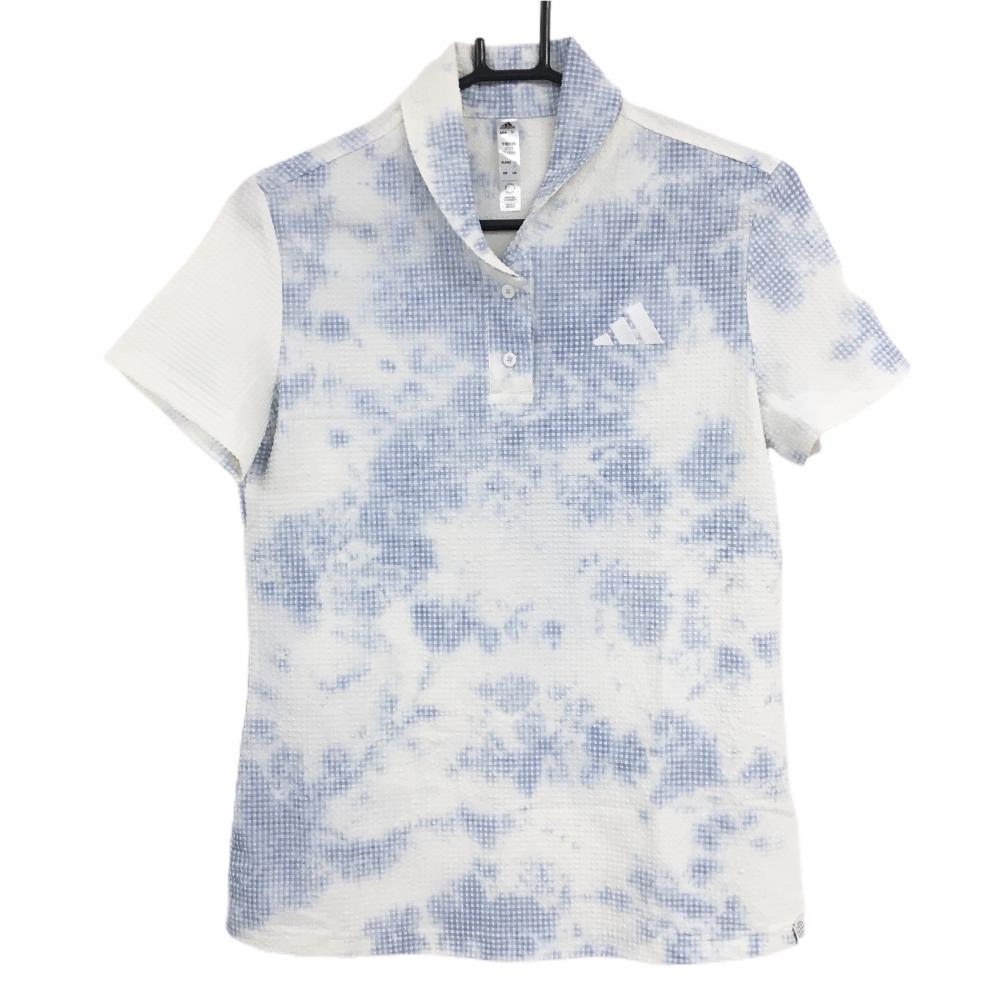 【超美品】アディダス 半袖ポロシャツ 白×ライトブルー スクエアドット調 凸凹生地 袖ワッペン レディース OT ゴルフウェア adidas