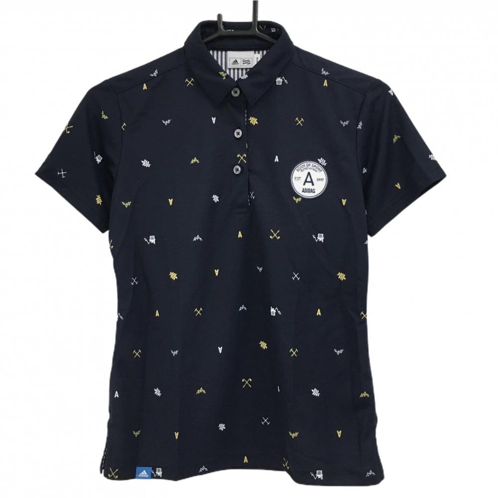 【超美品】アディダス 半袖ポロシャツ ネイビー×白×イエロー 総柄 レディース M/M ゴルフウェア adidas