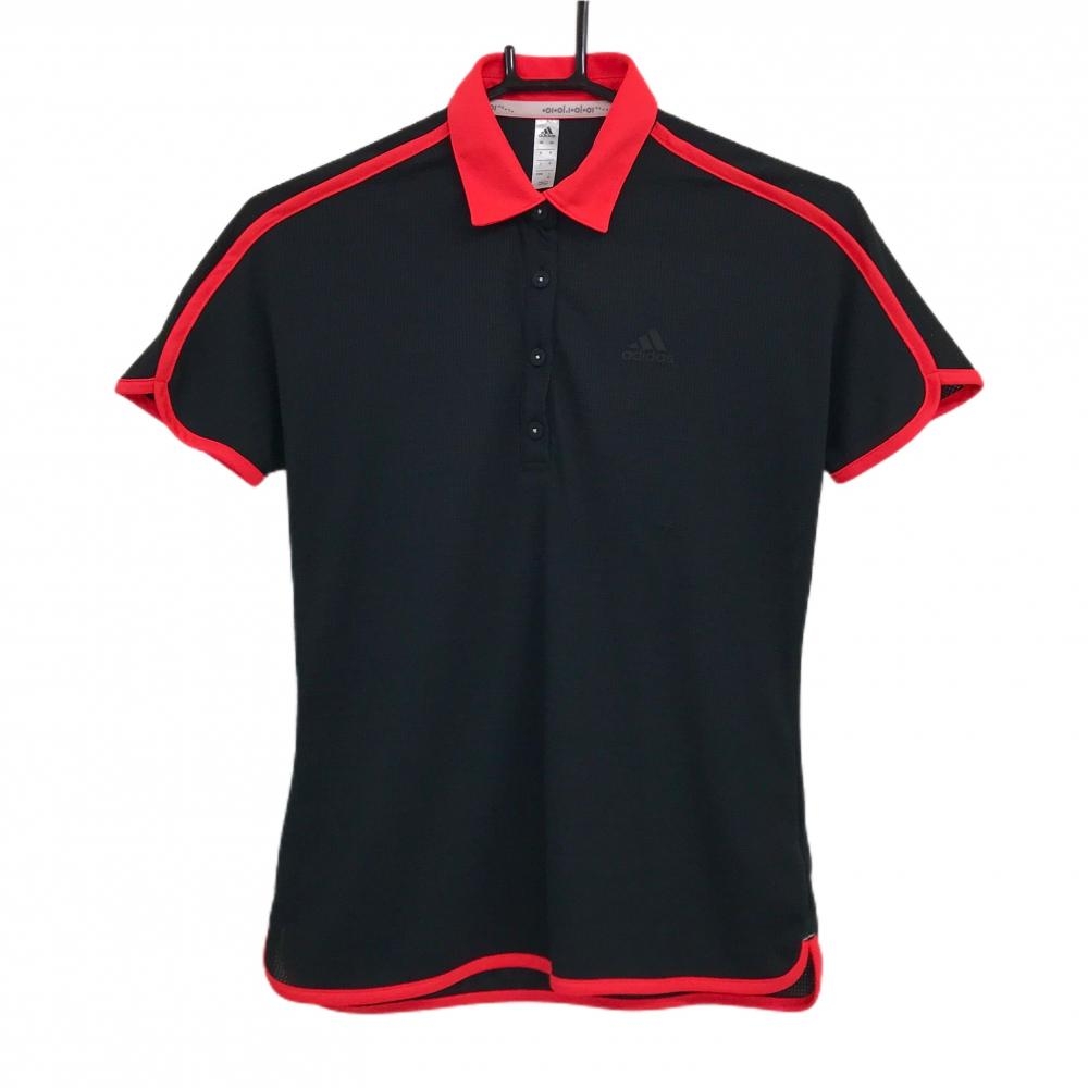 【美品】アディダス 半袖ポロシャツ 黒×レッド系 フレンチスリーブ ロゴ  レディース M ゴルフウェア adidas