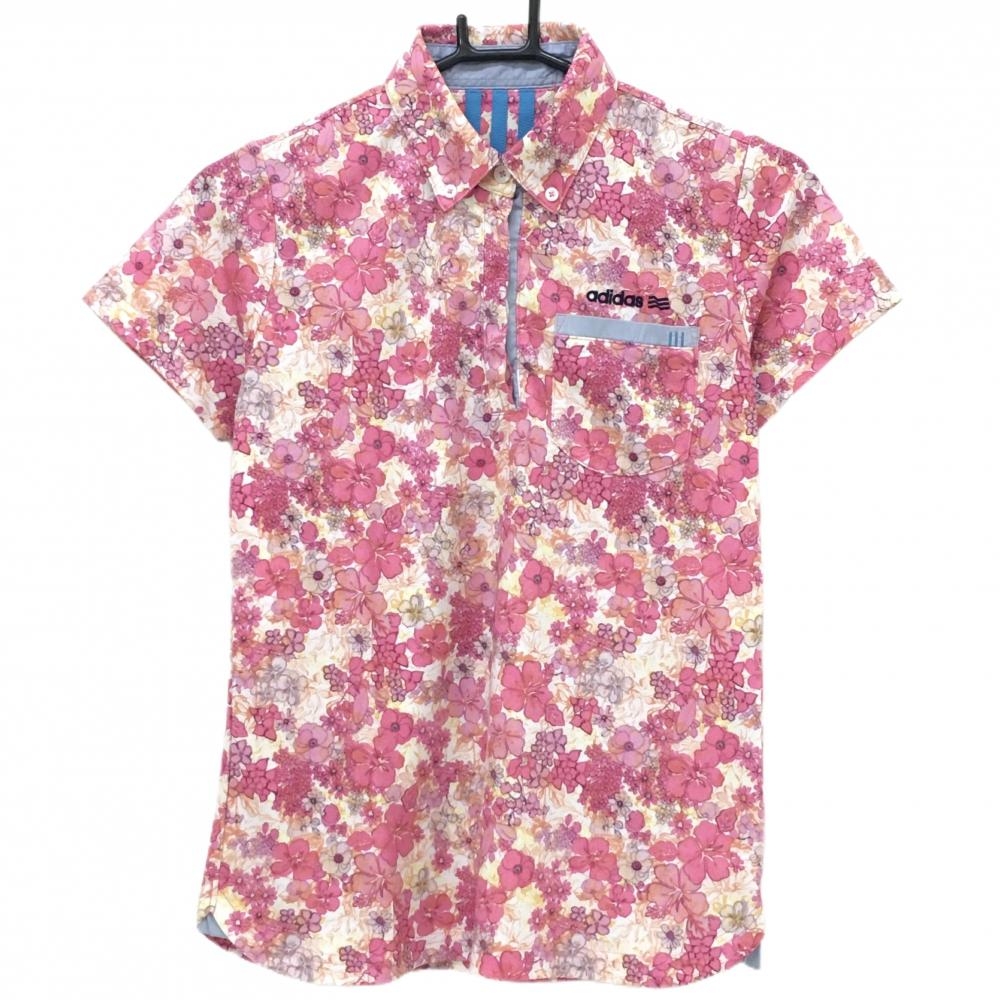 【美品】アディダス 半袖ポロシャツ 白×ピンク 花柄 胸ポケット ボタンダウン ロゴ刺しゅう レディース M/M ゴルフウェア adidas