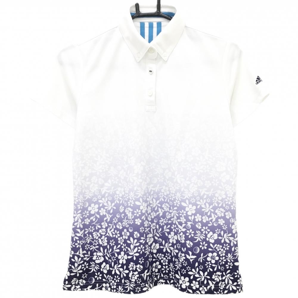 【超美品】アディダス 半袖ポロシャツ 白×パープルネイビー 花柄 グラデーション 袖ロゴボタンダウン レディース L/G ゴルフウェア adidas
