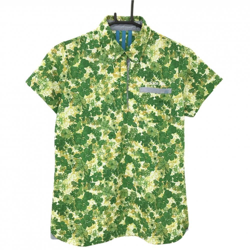 【超美品】アディダス 半袖ポロシャツ 白×グリーン 花柄 胸ポケット ボタンダウン ロゴ刺しゅう レディース L/G ゴルフウェア adidas
