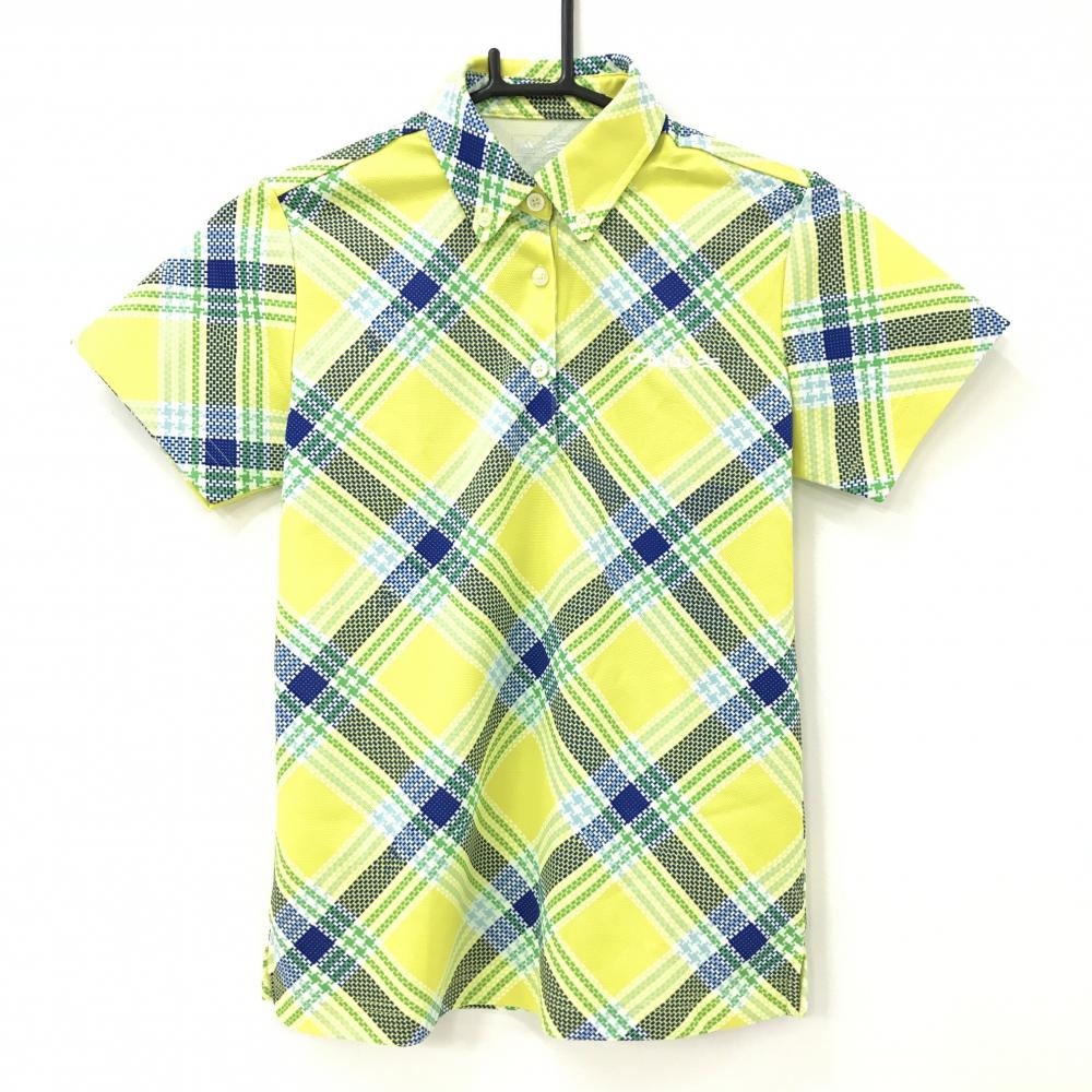 【超美品】アディダス 半袖ポロシャツ イエロー×ネイビー×グリーン チェック ボタンダウン  レディース M ゴルフウェア adidas