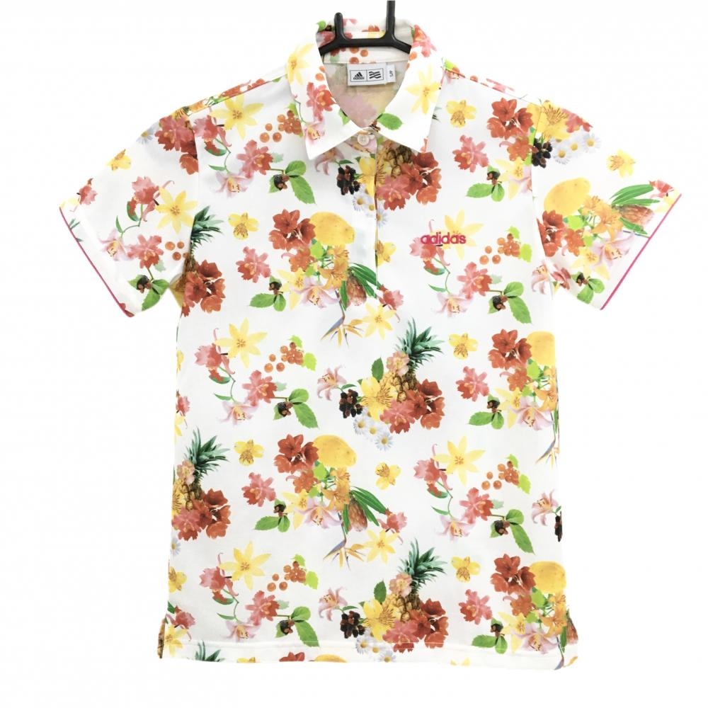 【超美品】アディダス 半袖ポロシャツ 白×マルチカラー 花総柄 レディース S/P ゴルフウェア adidas