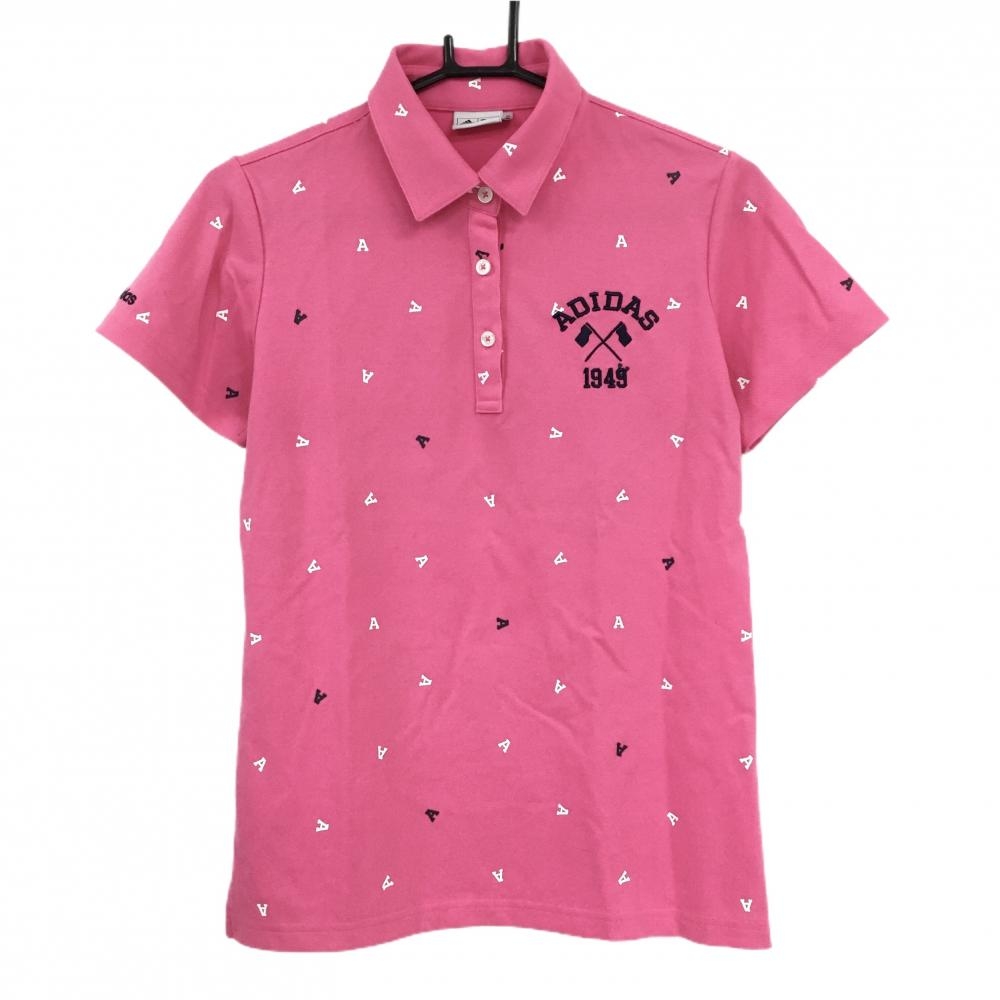 【美品】アディダス 半袖ポロシャツ ピンク×白 アルファベット総柄 ロゴ刺しゅう  レディース L/G ゴルフウェア adidas