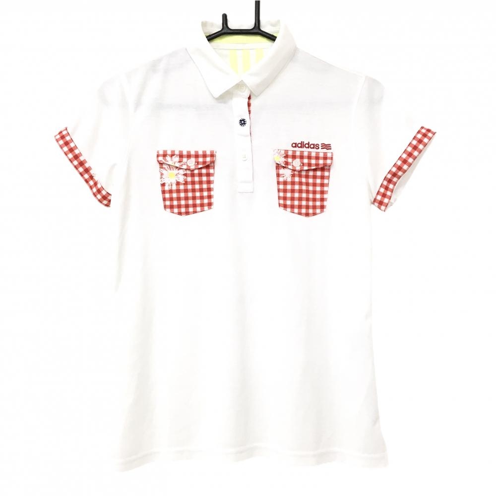 【超美品】アディダス 半袖ポロシャツ 白×レッド ポケットチェック 内側3ライン  レディース L/G ゴルフウェア adidas