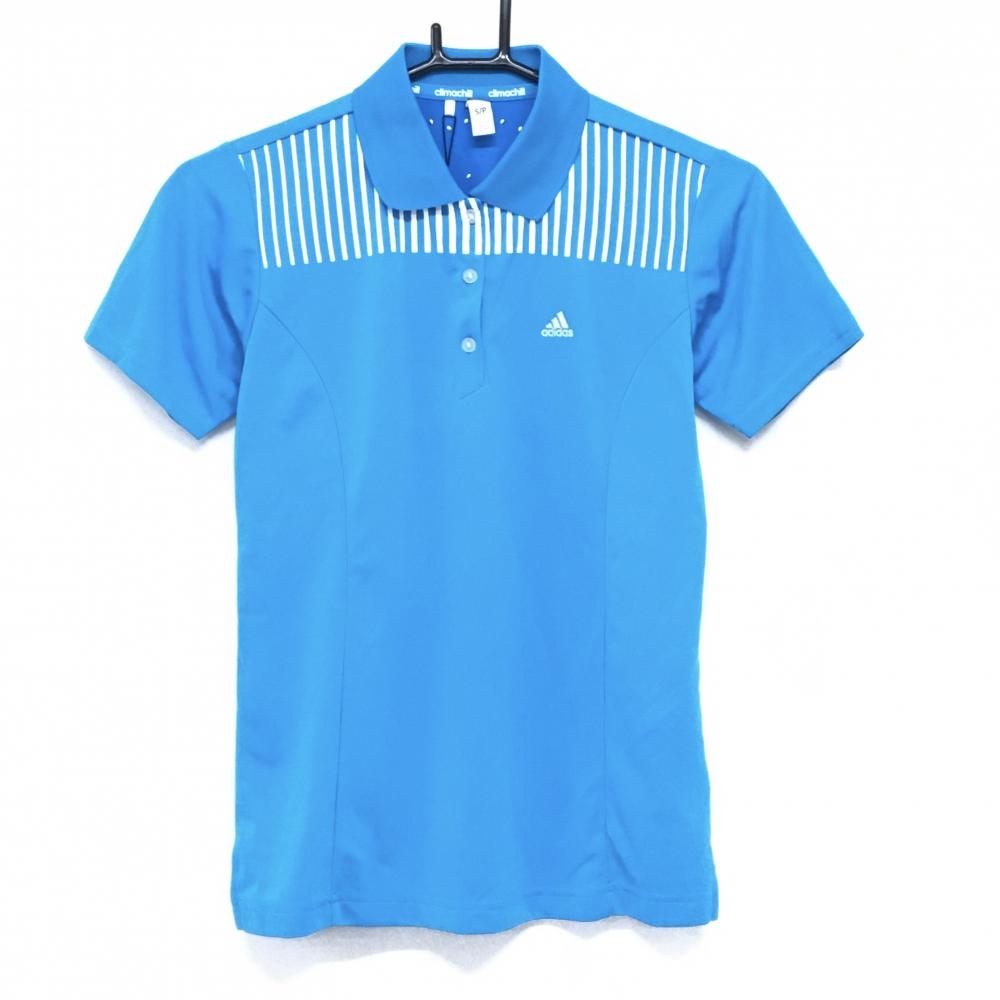 【新品】アディダス 半袖ポロシャツ ライトブルー×白 前上部ストライプ  レディース S/P ゴルフウェア adidas