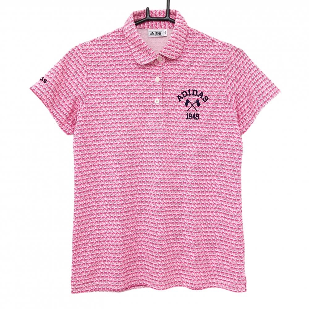 【超美品】アディダス 半袖ポロシャツ ピンク×白 総柄 ロゴ刺しゅう レディース L/G ゴルフウェア adidas