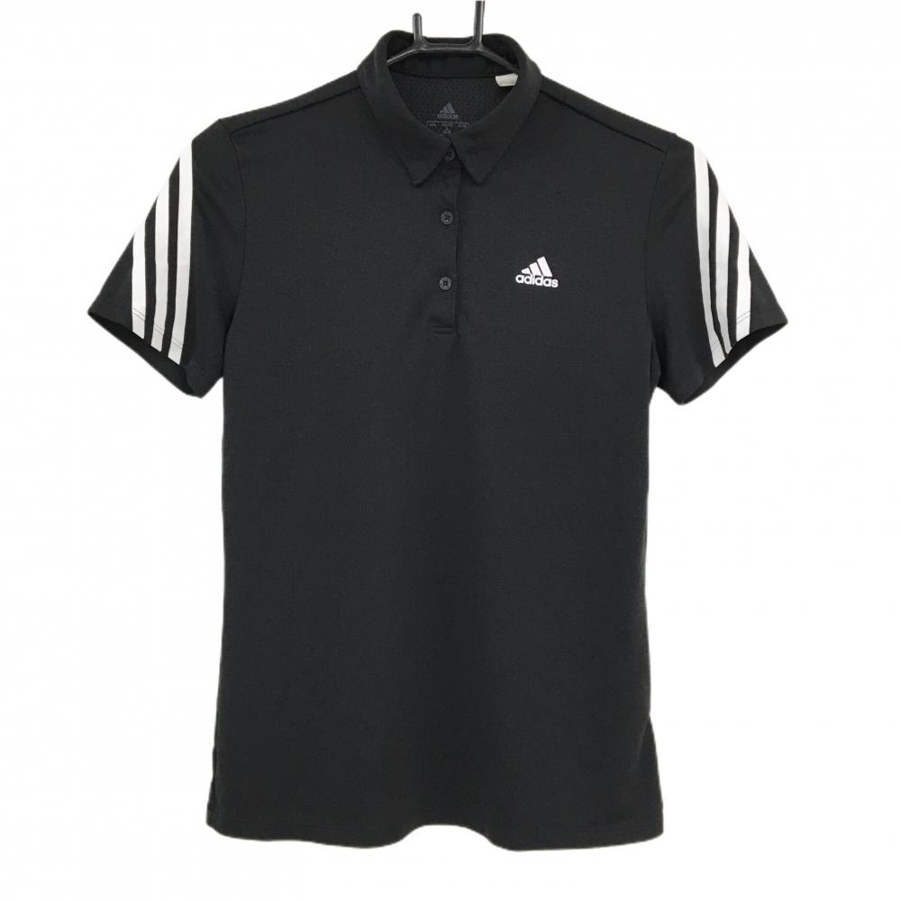 アディダス 半袖ポロシャツ 黒×白 袖3ライン ロゴ白　 レディース L ゴルフウェア adidas
