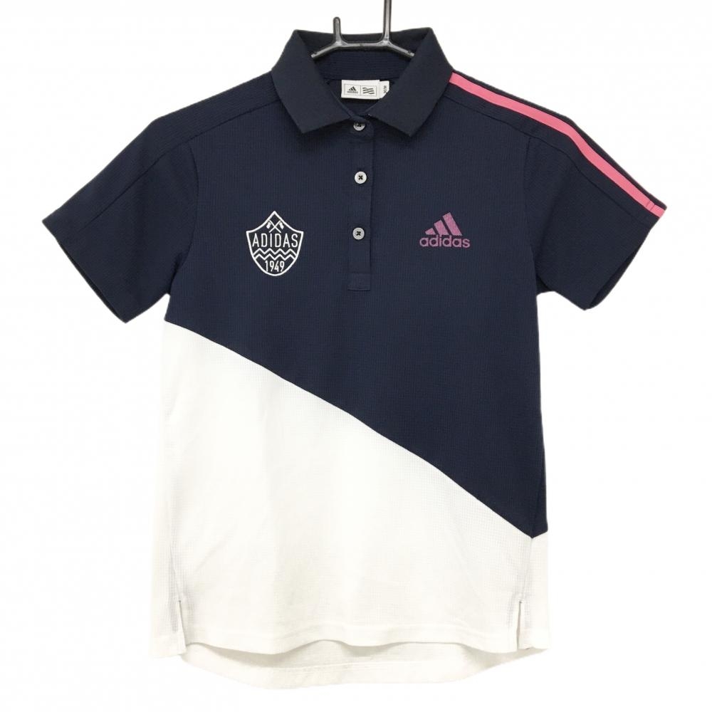 【超美品】アディダス 半袖ポロシャツ ネイビー×白 袖3ライン 襟裏ボーダー レディース M/M ゴルフウェア adidas