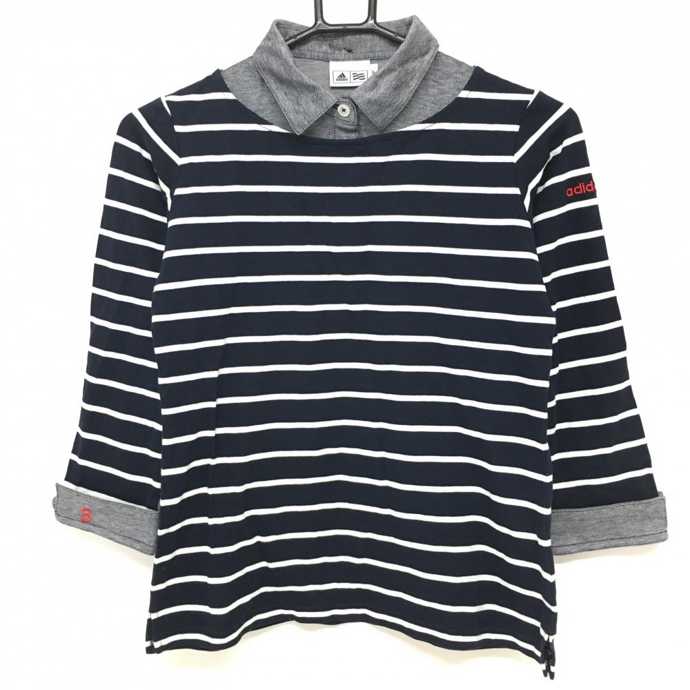 【超美品】アディダス 七分袖ポロシャツ ネイビー×白 ボーダー 重ね着風  レディース S ゴルフウェア adidas
