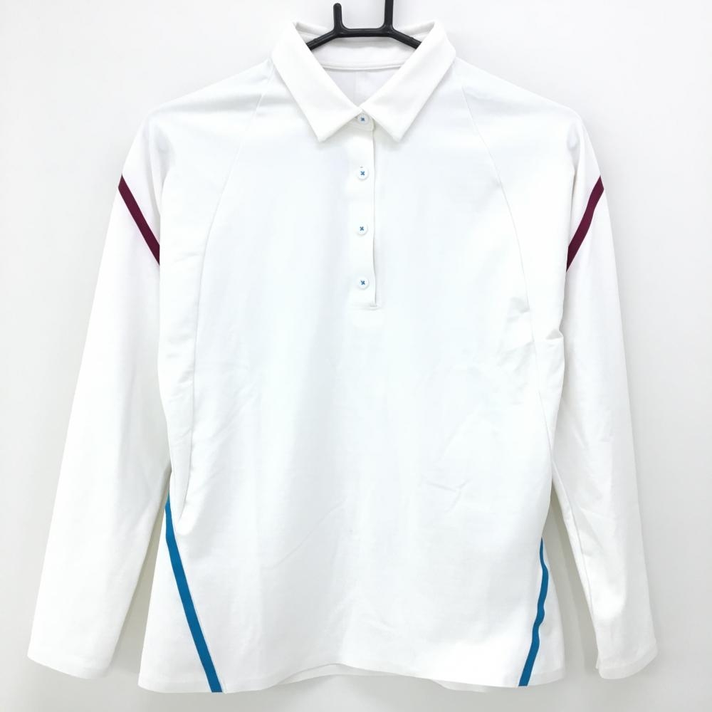 【超美品】アディダス 長袖ポロシャツ 白×パープル 総柄織生地 ナイロン71％ ストレッチ レディース OT ゴルフウェア adidas