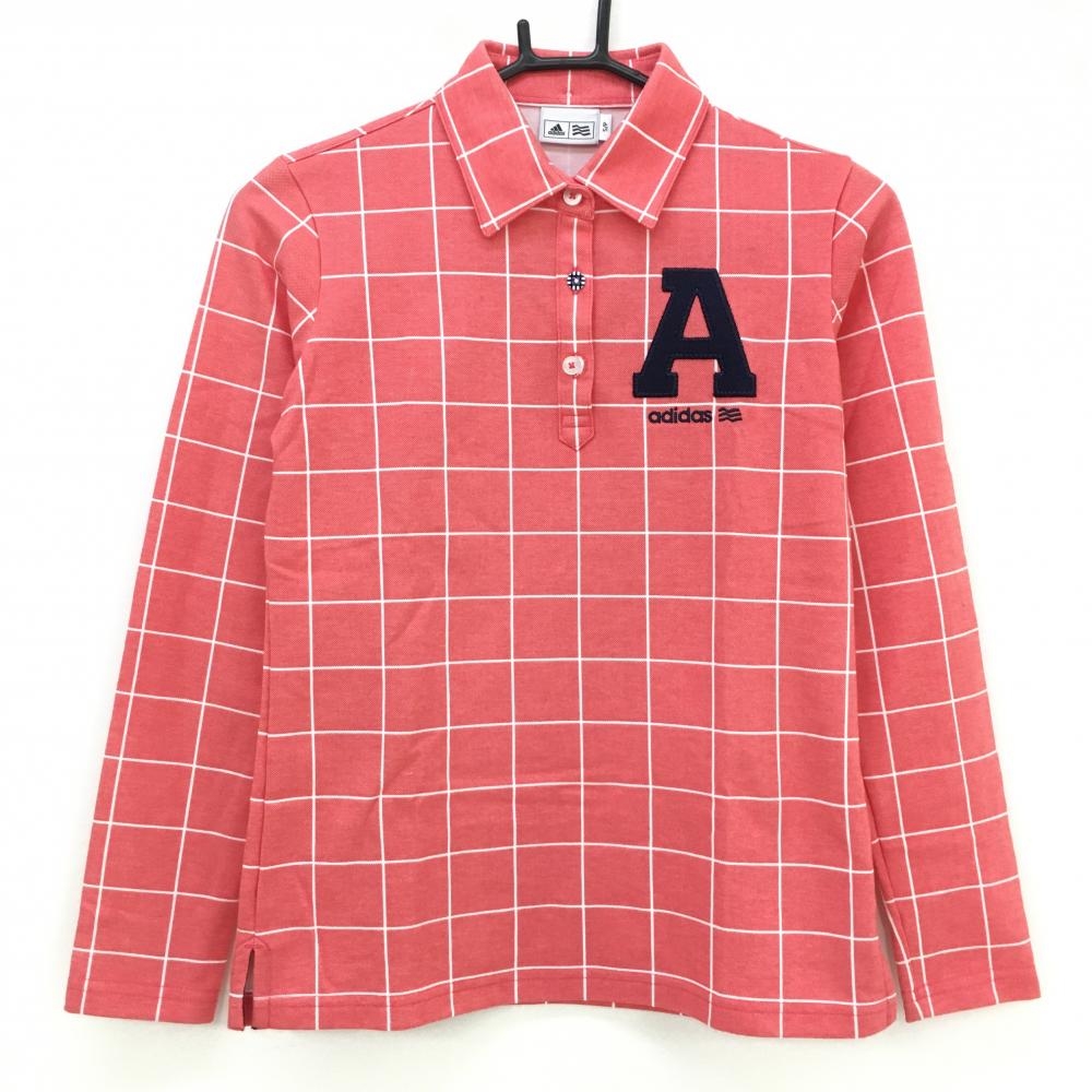 【超美品】アディダス 長袖ポロシャツ レッド×白 格子 チェック 英字ワッペン レディース S/P ゴルフウェア adidas