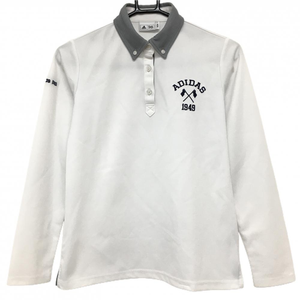 アディダス 長袖ポロシャツ 白×ネイビー 襟織生地 胸刺しゅう レディース M/M ゴルフウェア adidas