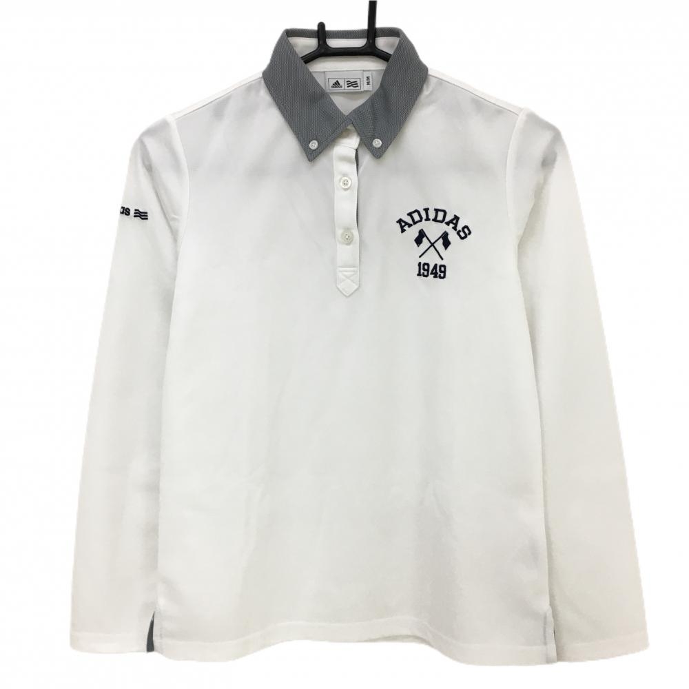 【超美品】アディダス 長袖ポロシャツ 白×ネイビー 襟地模様 ロゴ刺しゅう ボタンダウン  レディース M/M ゴルフウェア adidas
