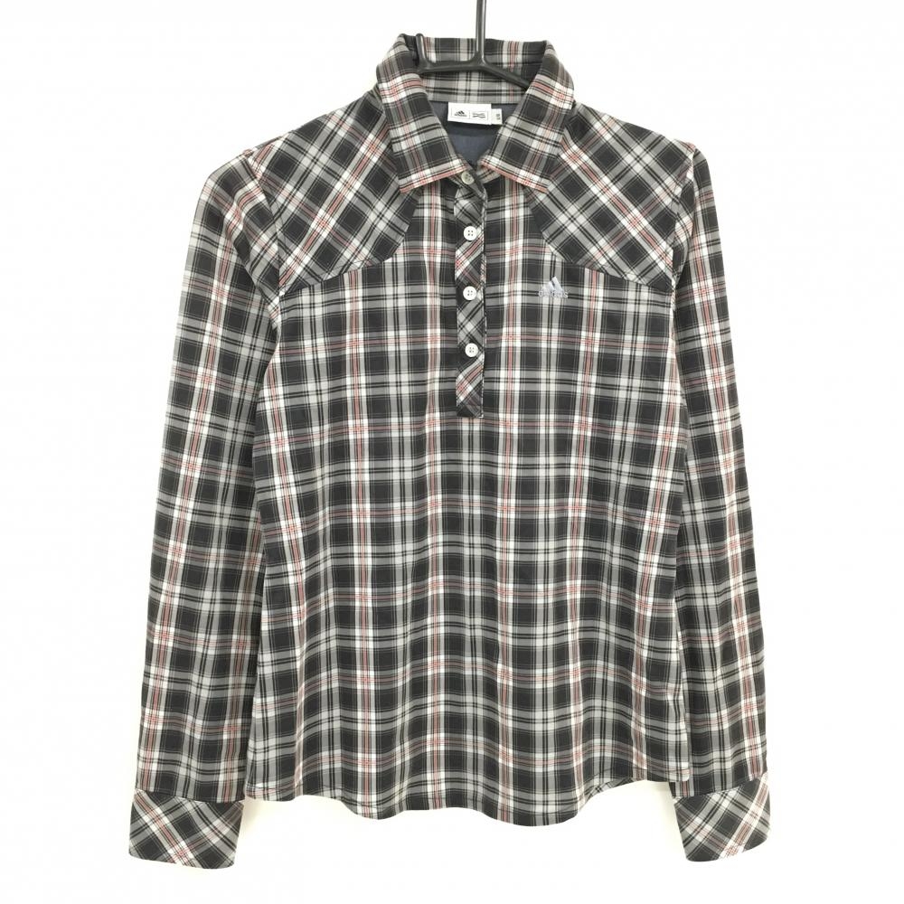 【超美品】アディダス 長袖ポロシャツ 黒×グレー×レッド チェック柄 ロゴ刺しゅう 袖口ボタン レディース L/G ゴルフウェア adidas
