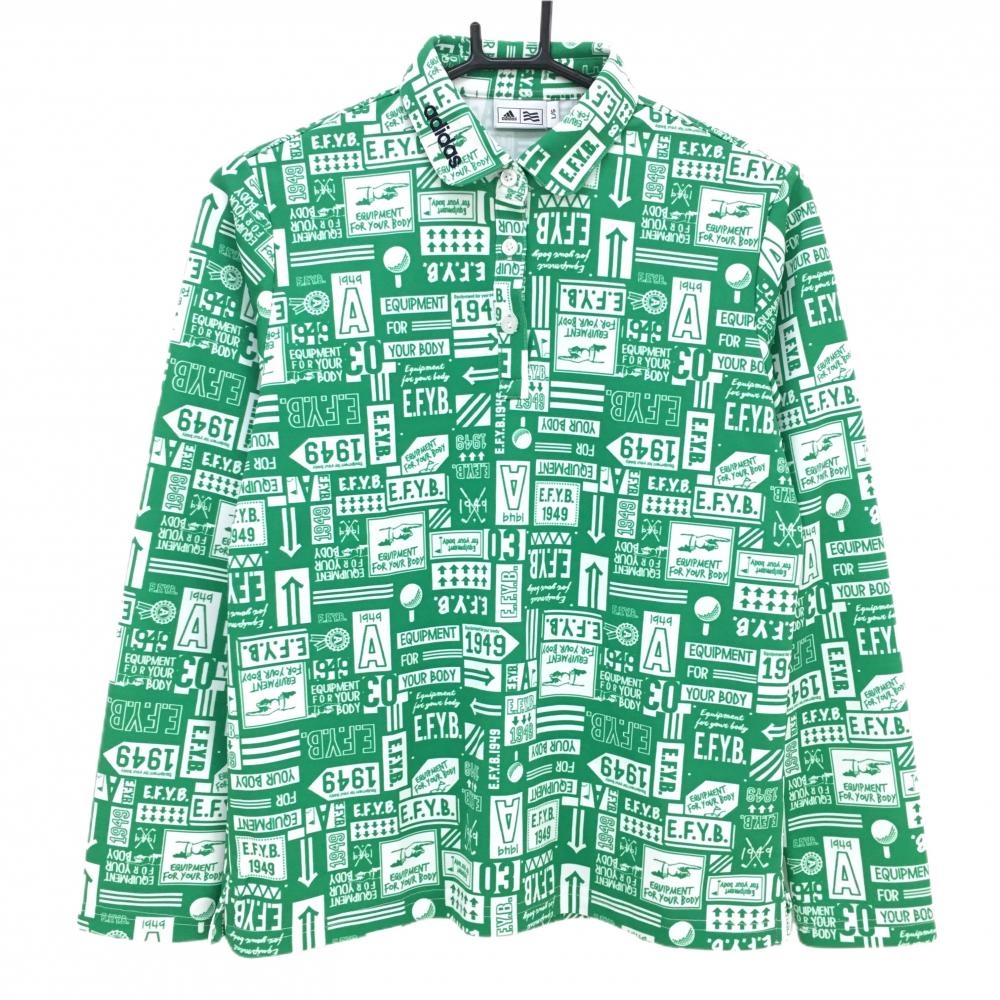 【超美品】アディダス 長袖ポロシャツ グリーン×白 総柄 丸襟 レディース L/G ゴルフウェア adidas