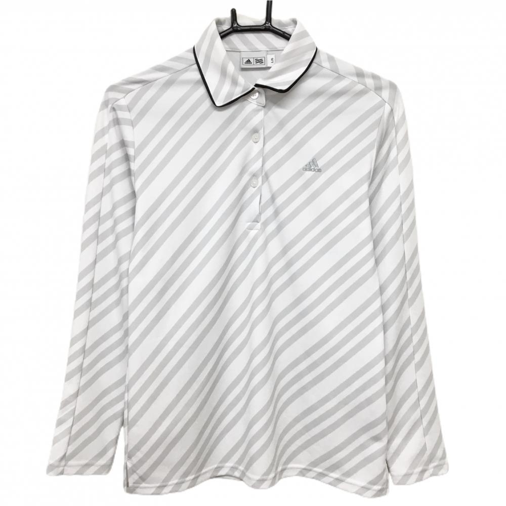 【美品】アディダス 長袖ポロシャツ 白×ライトグレー 斜めボーダー レディース L/G ゴルフウェア adidas