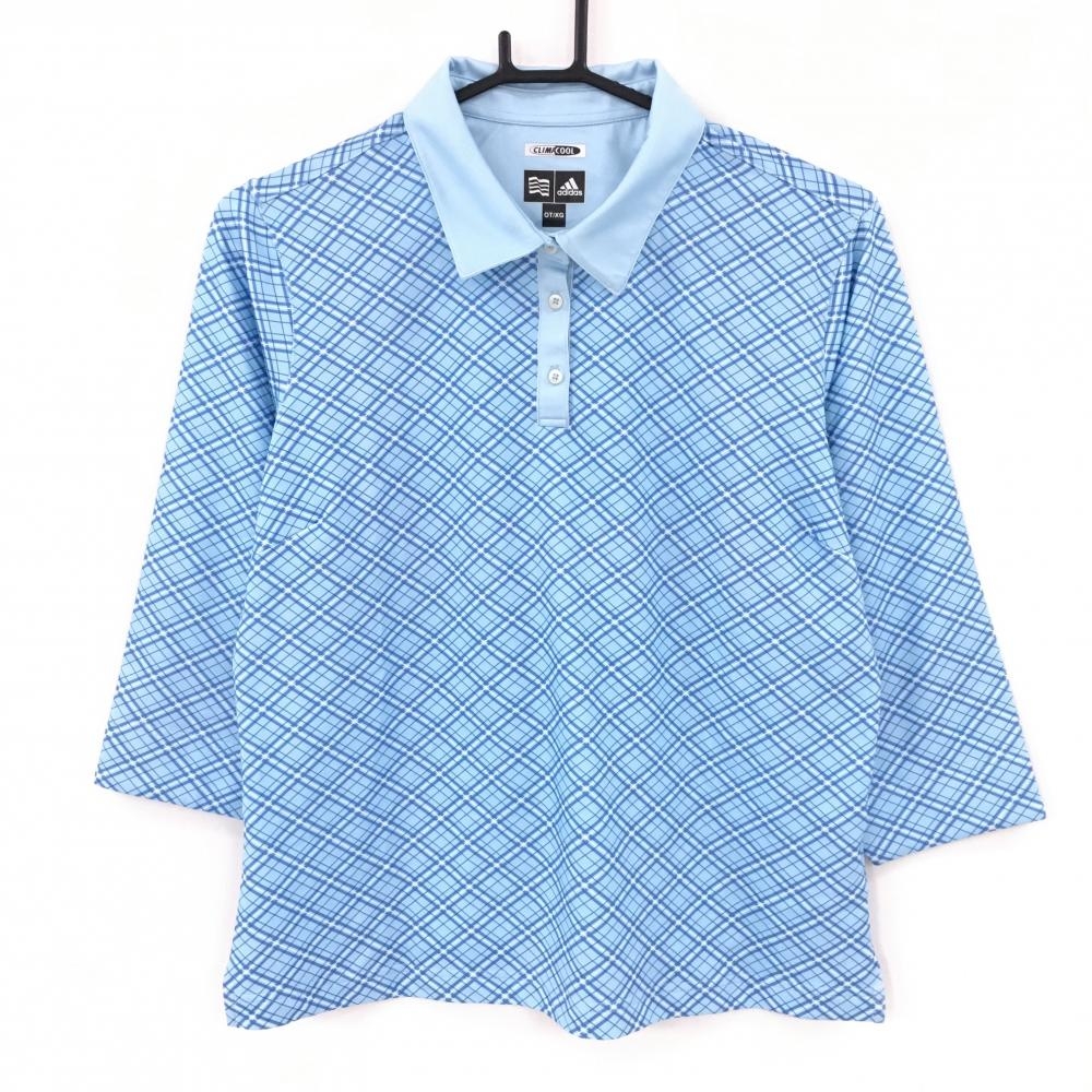 アディダス 七分袖ポロシャツ ライトブルー×白 チェック CLIMACOOL  レディース OT/XG ゴルフウェア adidas