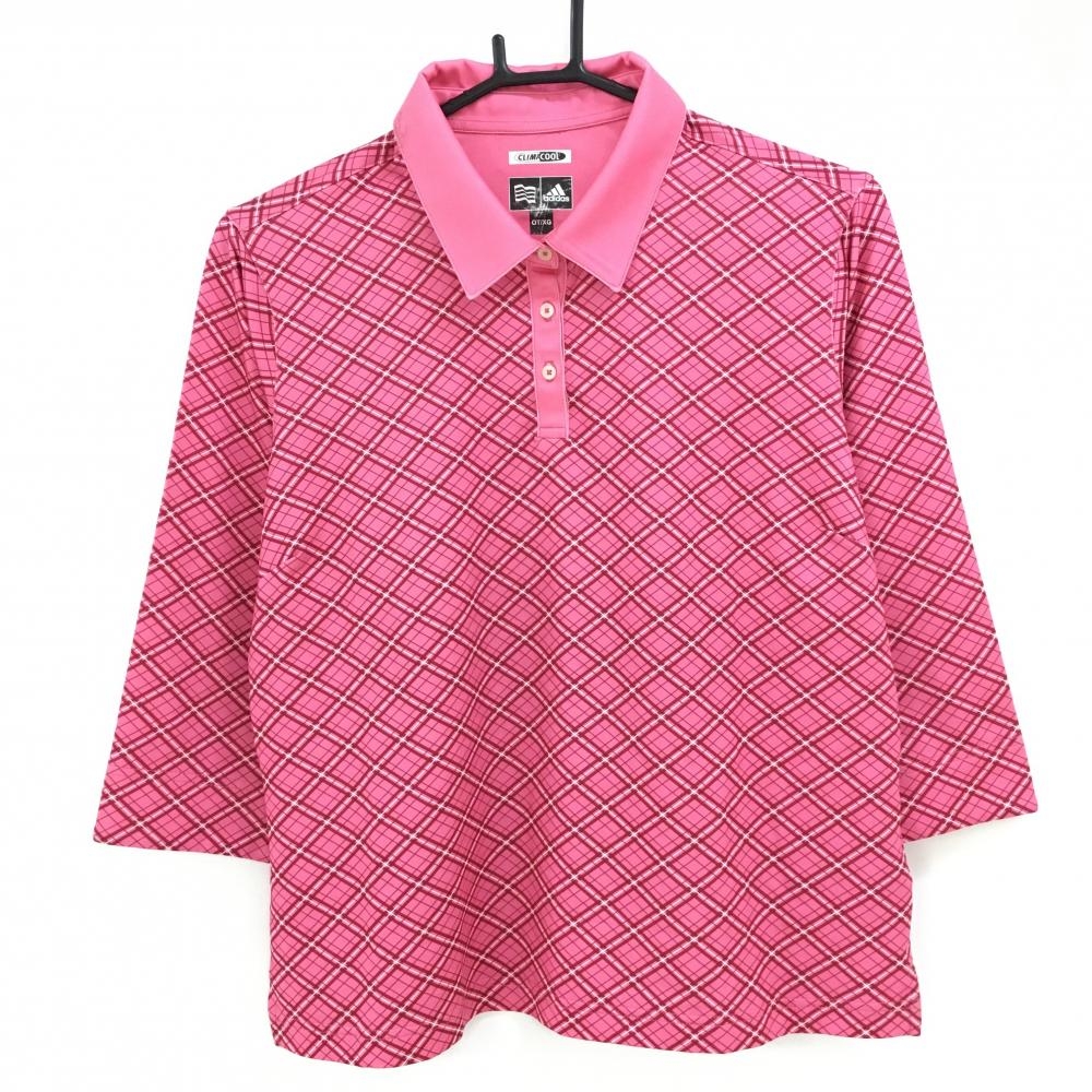 アディダス 七分袖ポロシャツ ピンク×白 チェック CLIMACOOL レディース OT/XG ゴルフウェア adidas