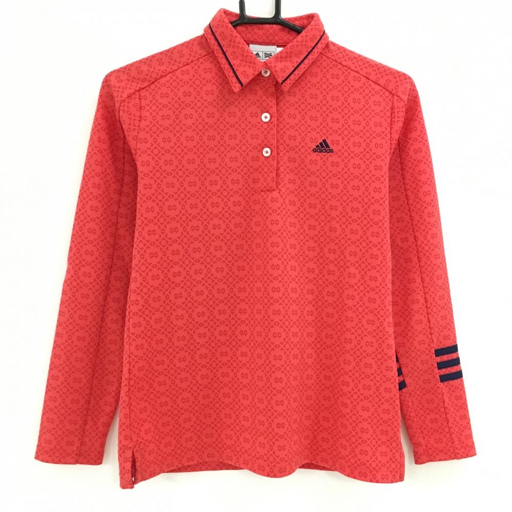 【美品】アディダス 長袖ポロシャツ レッド系 総柄 ロゴネイビー 袖3ライン  レディース M/M ゴルフウェア adidas