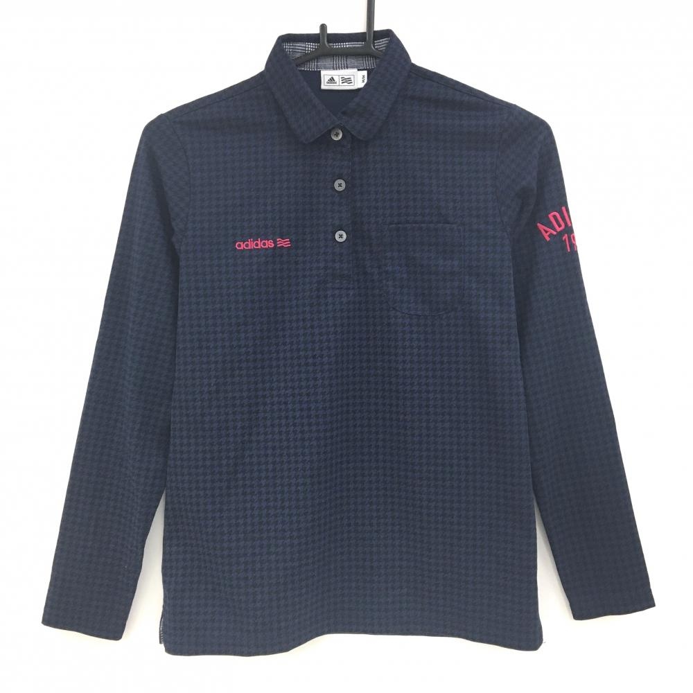 【超美品】アディダス 長袖ポロシャツ ネイビー 千鳥格子 胸ポケット付 レディース M/M ゴルフウェア adidas