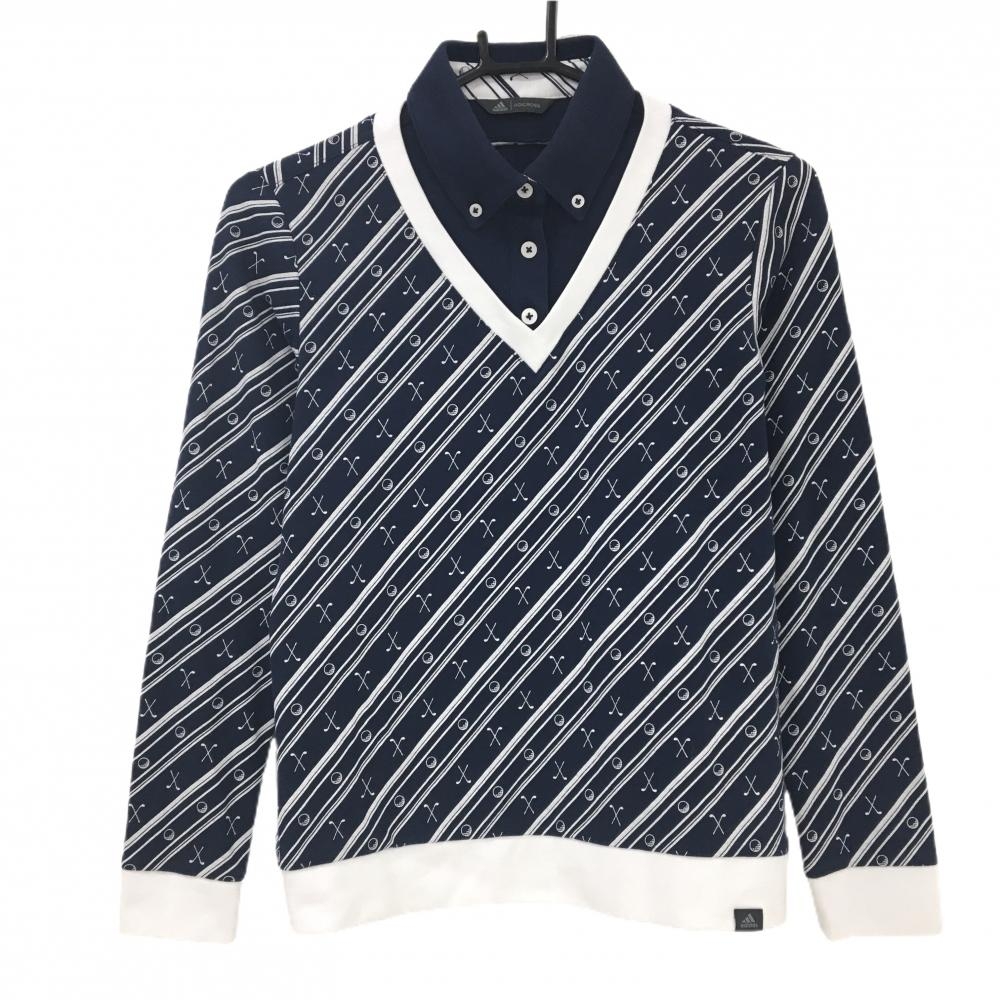 アディダス 長袖ポロシャツ ネイビー×白 斜めストライプ ゴルフクラブ総柄 ゴルフボール総柄 ADICROSS レディース S ゴルフウェア adidas