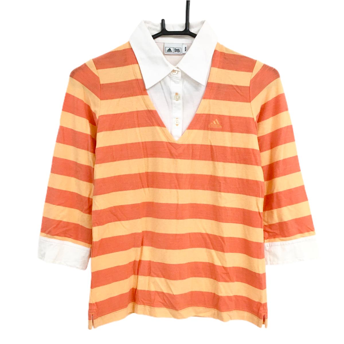 【美品】アディダス 七分袖ポロシャツ オレンジ×白 重ね着風 レディース M/M ゴルフウェア adidas