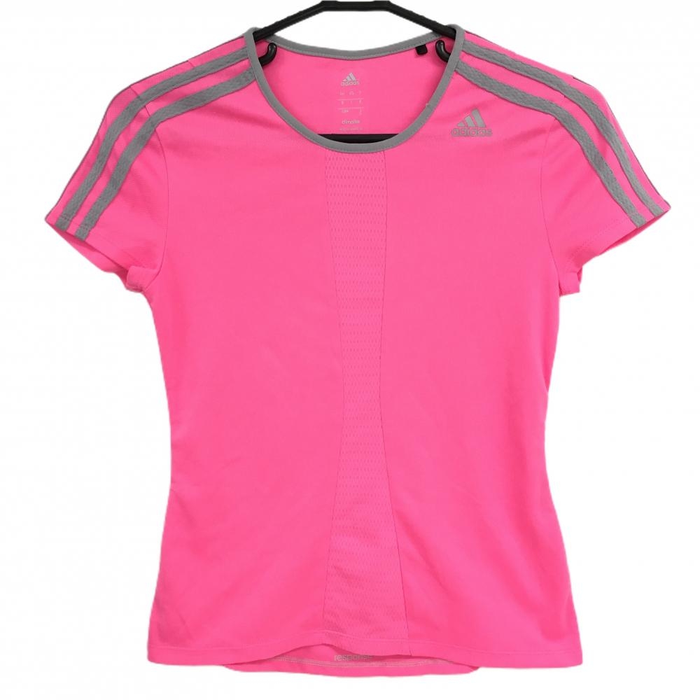 【美品】アディダス Tシャツ 蛍光ピンク×グレー 肩3ライン レディース S ゴルフウェア adidas