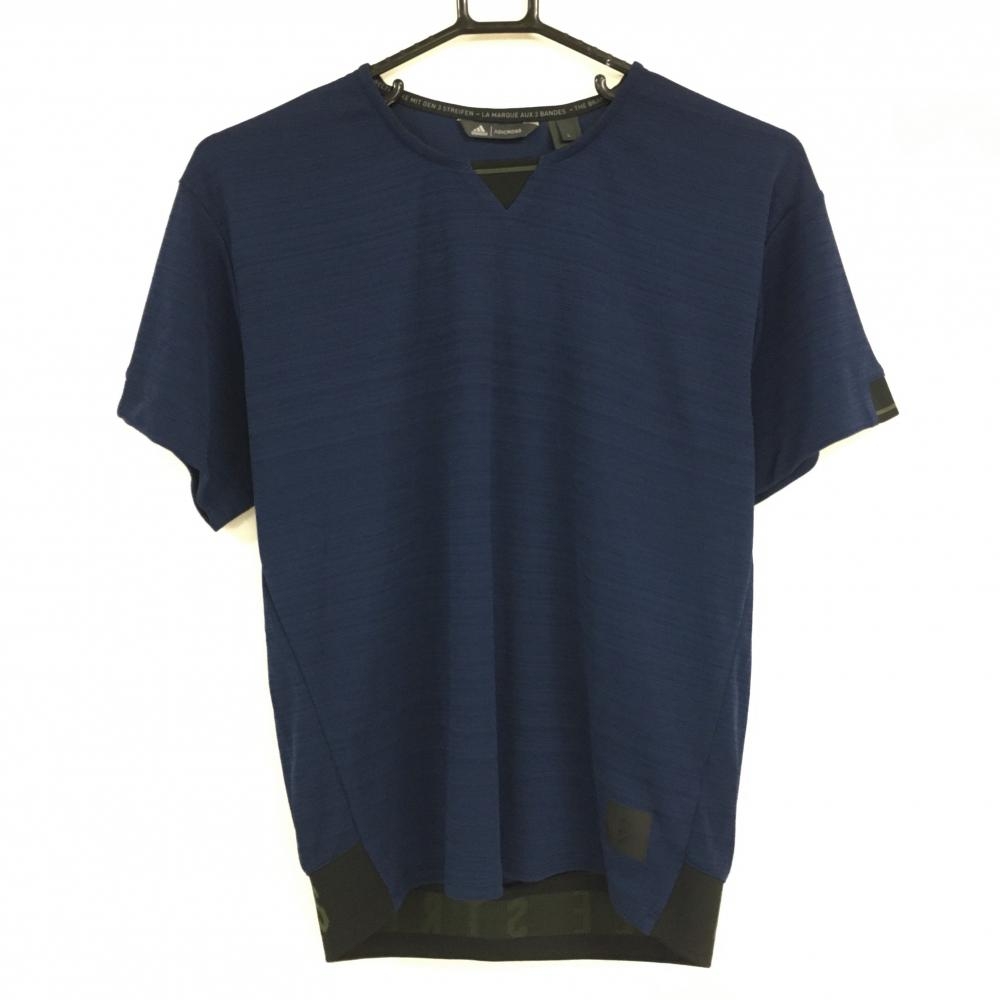 【美品】アディダス Tシャツ 杢ネイビー 袖口・裾一部リブ レディース L ゴルフウェア adidas