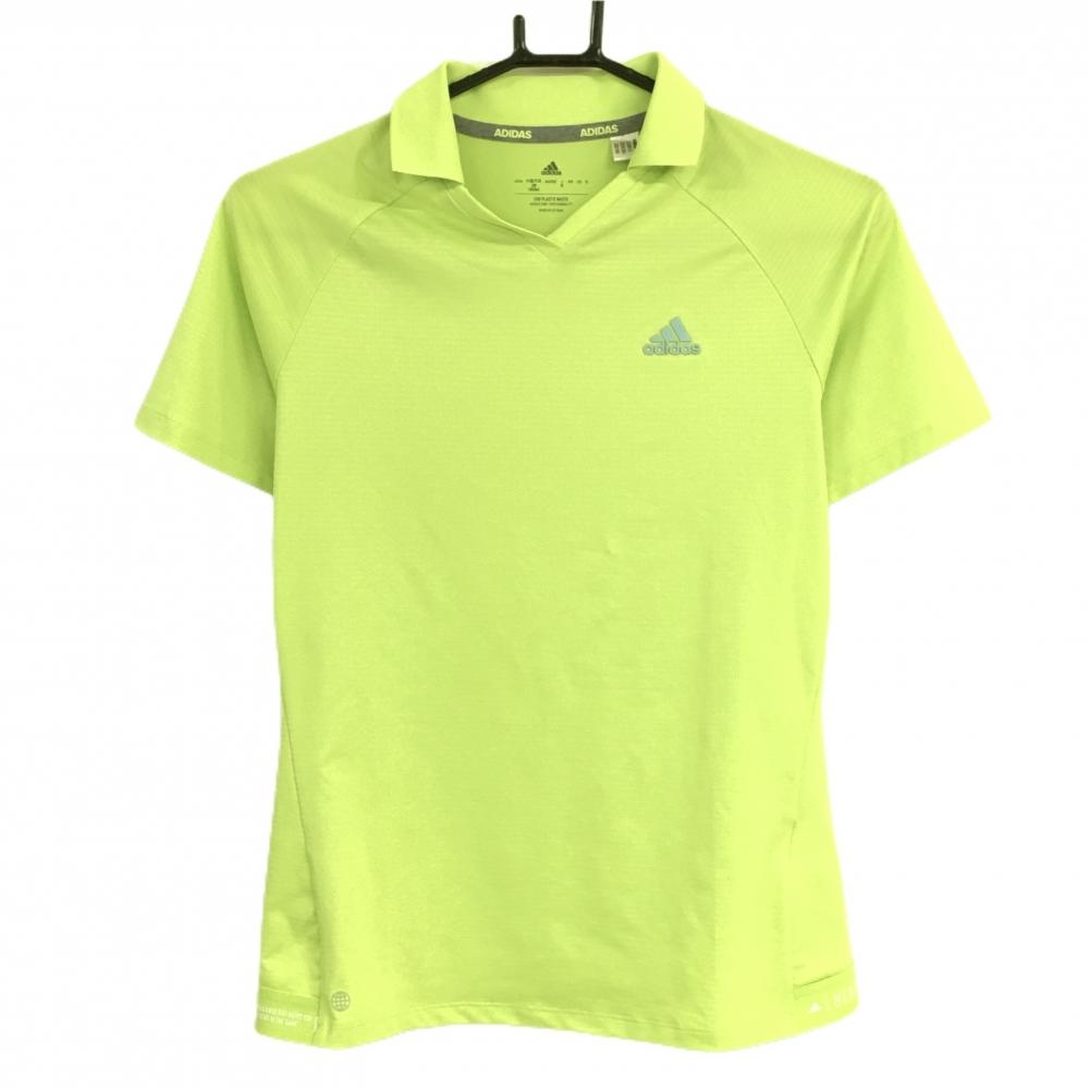 【超美品】アディダス 襟付きTシャツ ライトグリーン 胸元ロゴ Vネック 後裾ゴム レディース M ゴルフウェア adidas