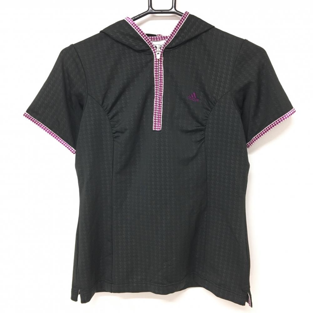 【超美品】アディダス フード付Tシャツ 黒×パープル 千鳥格子地模様 ハーフジップ レディース M/M ゴルフウェア サンプル品 adidas