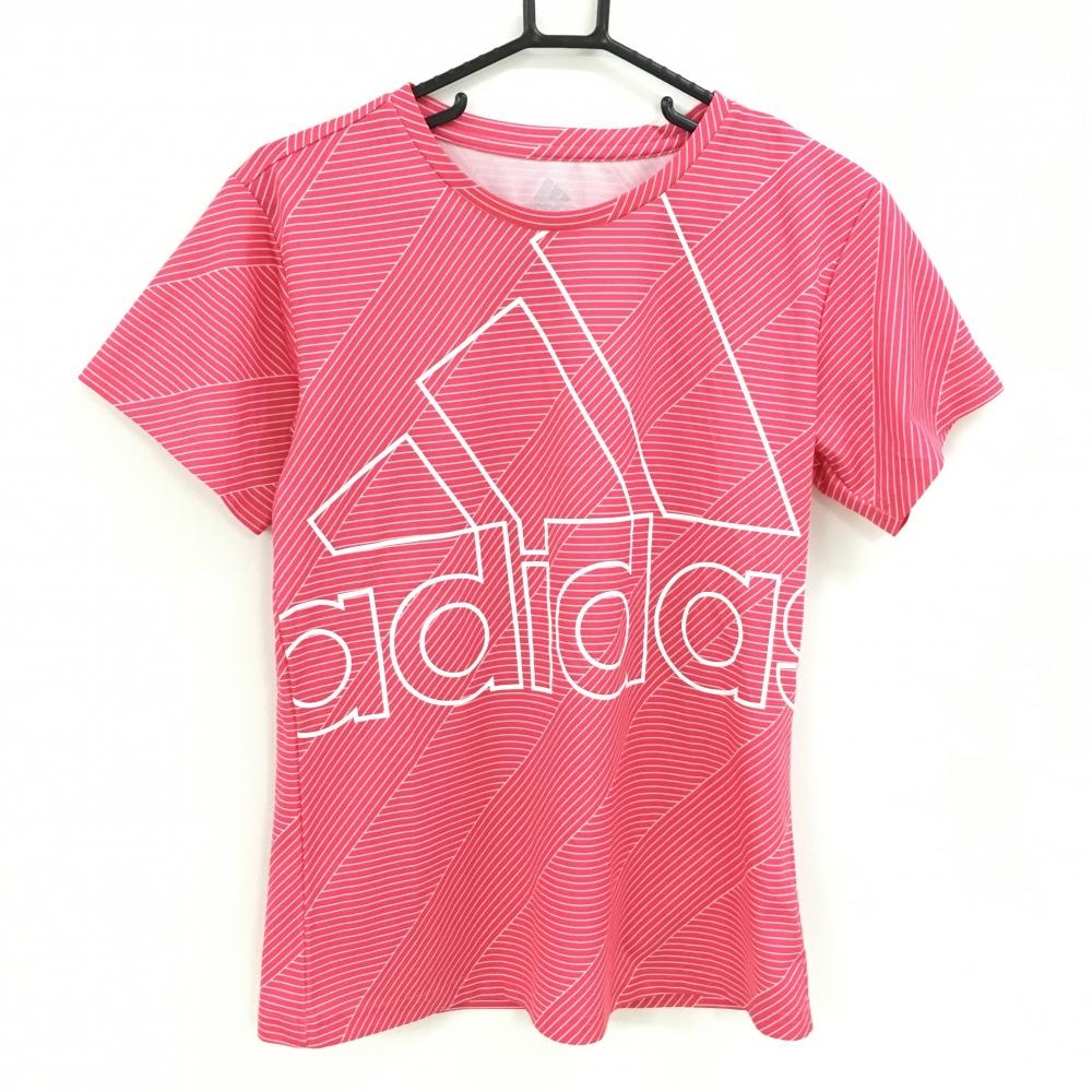 【超美品】アディダス 半袖Tシャツ ピンク×白 ボーダー風 ビッグロゴ  レディース OT ゴルフウェア adidas