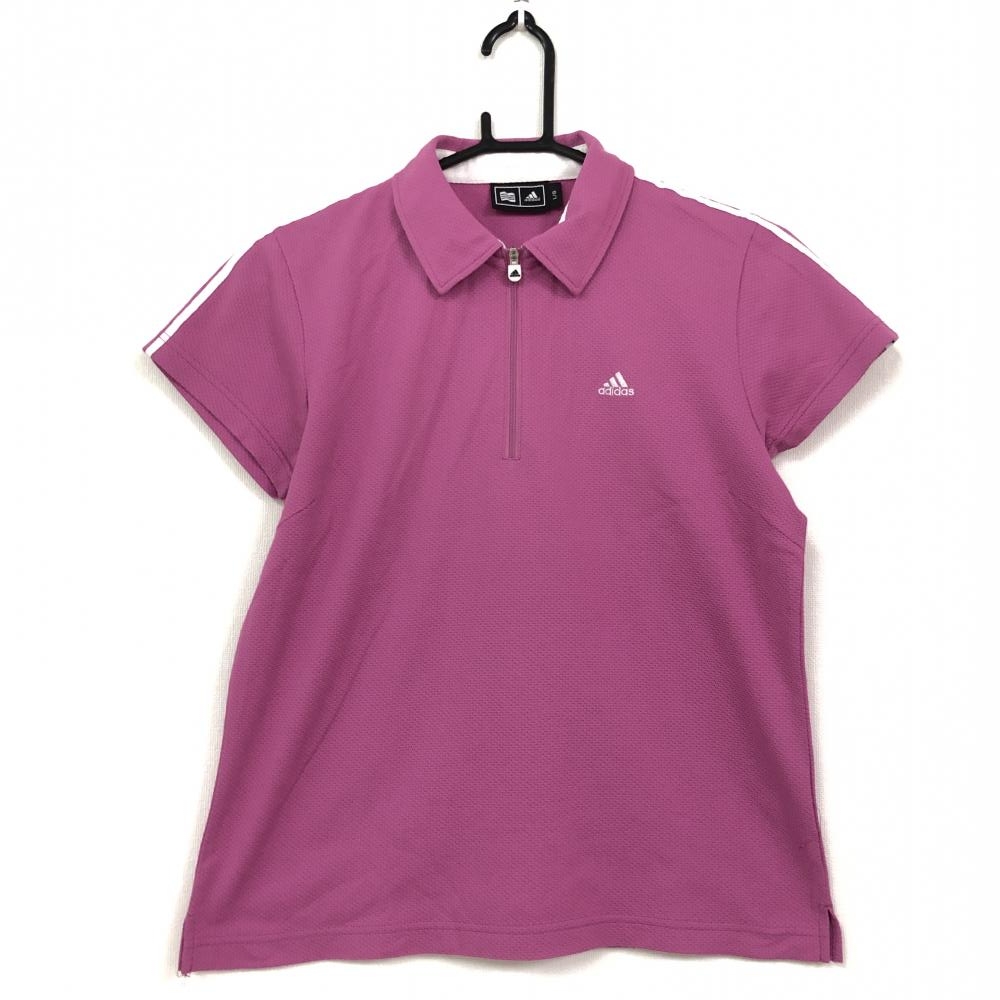 adidas アディダス 半袖シャツ ピンク×白 3ライン ハーフジップ レディース L/G ゴルフウェア